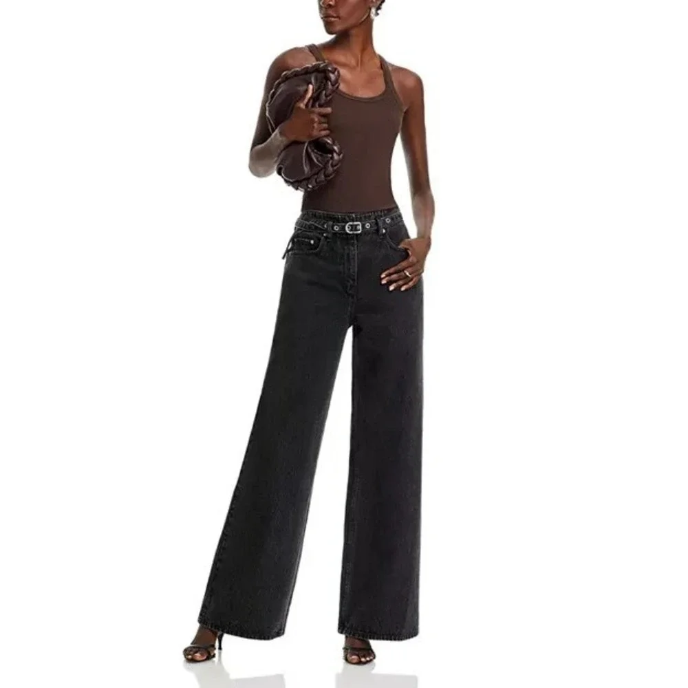 3.1 Phillip Lim High Rise Wide Leg Belted Jeans Womens 0 Washed‎ Black $475